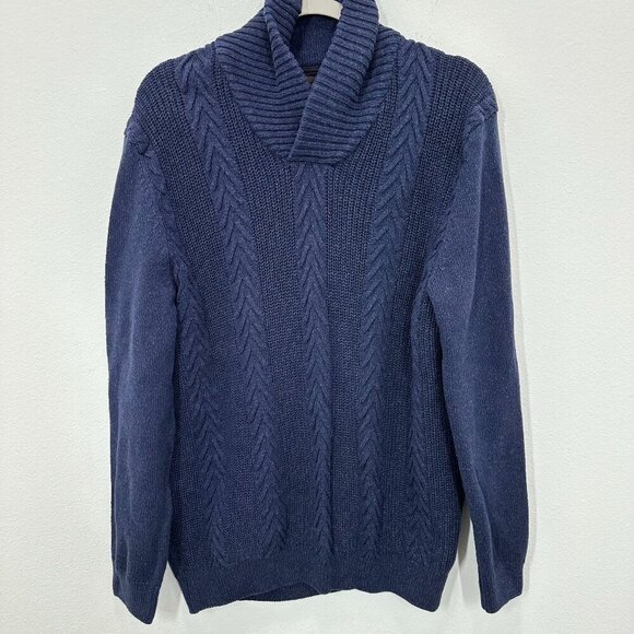 Tasso Elba Men's Size Medium Cable Knit Shawl Neck Sweater Navy Blue Fisherman - Picture 1 of 7